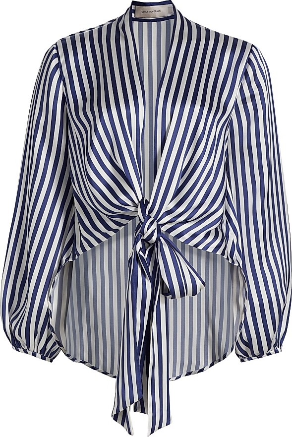 Silvia Tcherassi Women's Honey Stripe Tie Blouse - White Blue Stripes - Size Small