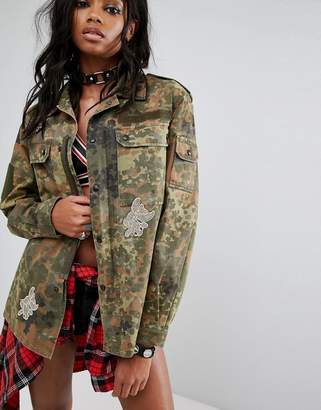 Reclaimed Vintage Revived Festival Camo Military Jacket With Diamante Fish Patches