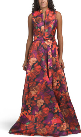 TJMAXX Sleeveless Floral Mikado Gown With Belt For Women, Polyester