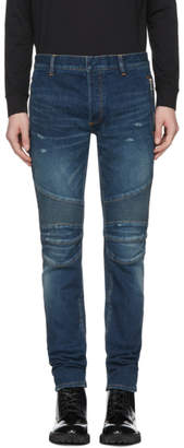Balmain Blue Silm Biker Zip Jeans