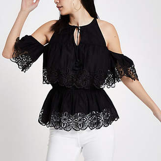 River Island Womens Black cold shoulder broderie frill top