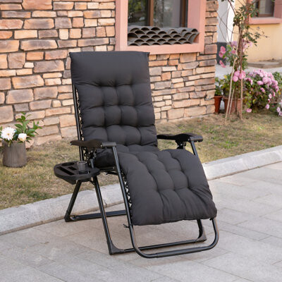 Arlmont & Co. Folding Reclining Chair With Padded Cushion And Side Tray For Indoor Outdoor Relaxation Black Wood Patio Chairs Suitable Spaces Add Elegance To Yo
