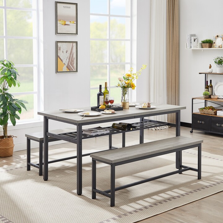 NINEDIN Rectangular 3-Piece Fixed Dining Table Set with Bench Seating ...