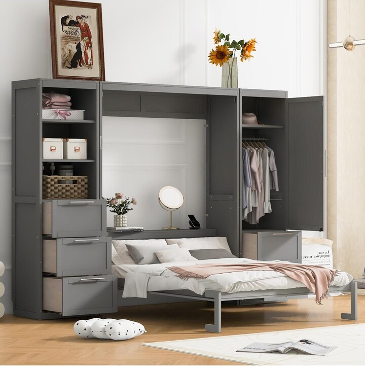 Streamdale Furniture Queen Size Murphy Bed Wall Bed with Closet Drawers and Shelves Gray