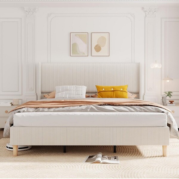 LinTimes FullSizeBedFrameCorduroyUpholsteredKingBedFramewithWingbackHeadboardNoBoxSpringNeededSolidWoodenSlatsNoiseFreeBeige