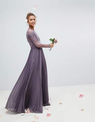 ASOS DESIGN Long Sleeve Lace Pleated Maxi Dress