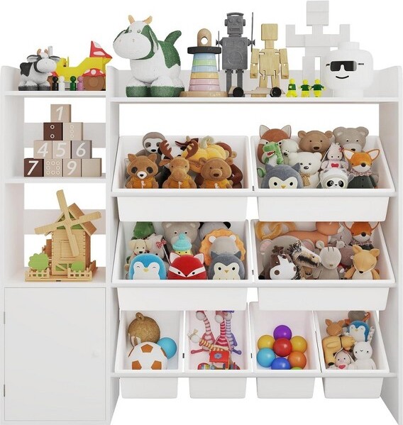 AcekoolKidsMDFStorageCabinetSmallWhiteOrganizerShelfwithBinsforPlayroomorBedroom