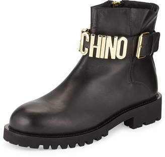 Moschino Leather Combat Boot w/Logo Lettering