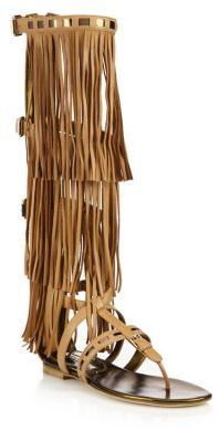 Brian Atwood Adriana Fringed Leather Flat Sandals