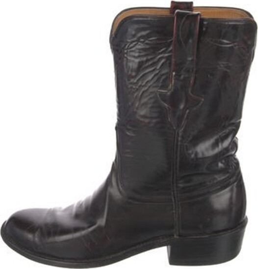 Lucchese Leather Mid-Calf Rain Boots Black Semi-Pointed Toes Designer