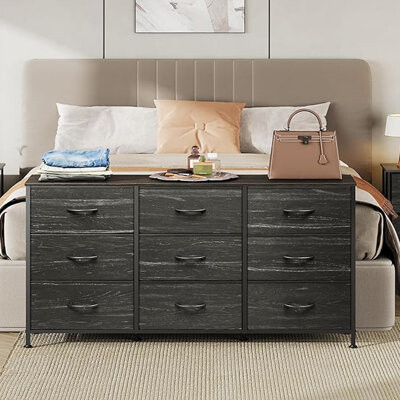 47 Inch Wide Black Dresser for Bedroom and TV Stand for 45 50 55 Inch TVs, Wide Chest of Drawers with 9 Drawers, Large Entertainment Center with Fabri