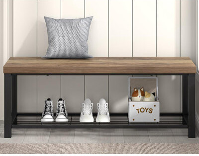 The Vintage Wood and Metal Storage Bench with Metal Shelf, 47 Inch