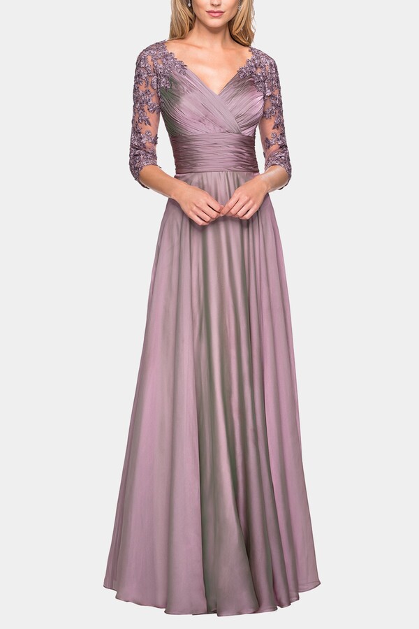La Femme Floor Length Chiffon Dress Lace Sleeves - ShopStyle