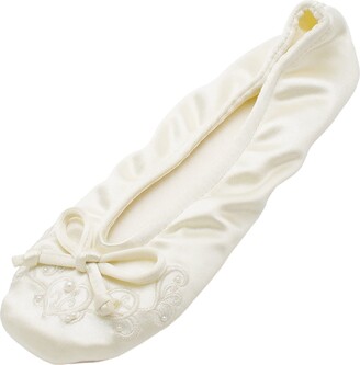 Isotoner Women's Satin Ballerina Slippers with Embroidered Pearl Ballet Flat