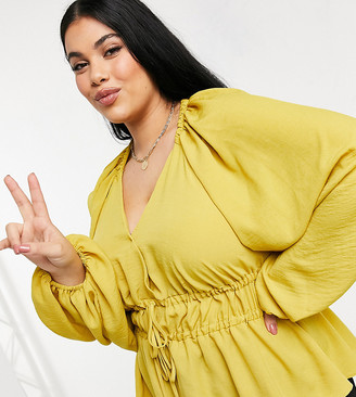 ASOS Curve ASOS DESIGN Curve satin batwing sleeve top with tie front in mustard