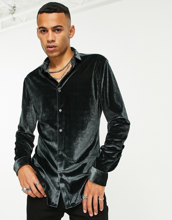 ASOS DESIGN skinny velvet shirt in charcoal - ShopStyle