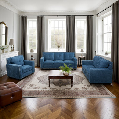 Latitude Run Kyasha 3 Piece Lake Blue Nailhead Trim Living Room Set