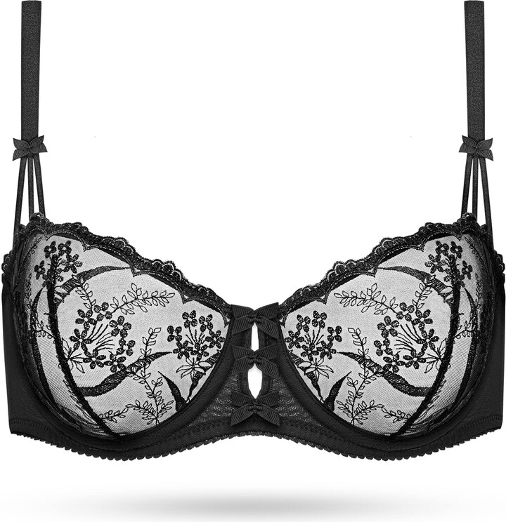 Deyllo Women's Embroidered Lace Unlined Bra Demi Sheer See Through  Underwire Bras Non Padded(Black - ShopStyle