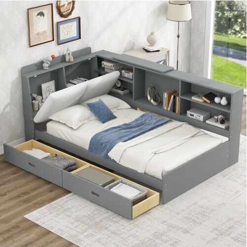 KumasinovaUpholsteredTwinSizeBedwithHeadboardShelves&2Under-BedDrawersWoodPlatformBedFrameStorageBedFrameGray