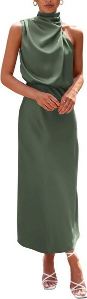 LEVEN SIXTEEN LEVENSIXTEENArmyGreenSatinMockNeckSleevelessCocktailMaxiDressArmyGreen-MediumMedium