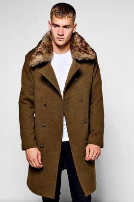 boohoo Military Overcoat with Detachable Faux Fur Collar