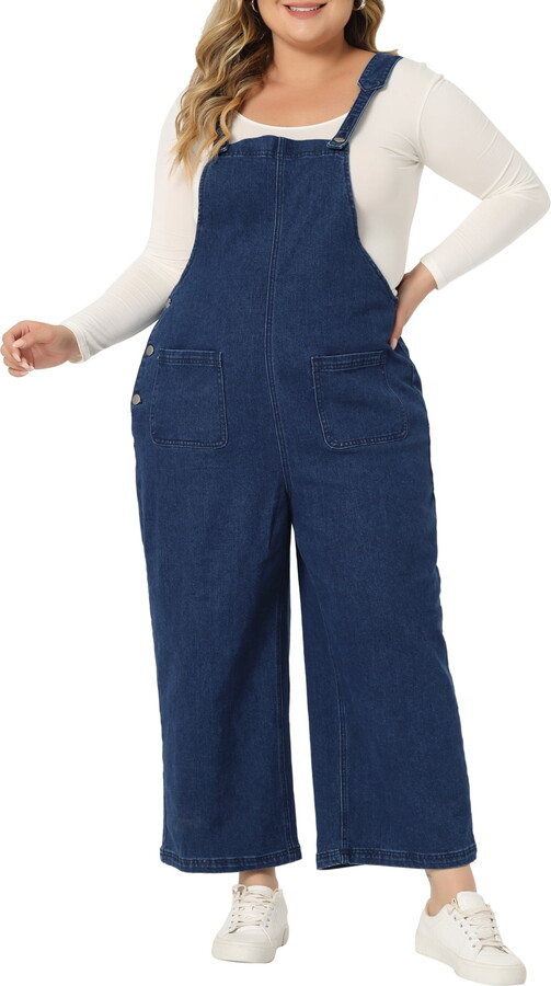 Unique Bargains Women’s Plus Size Denim Bib Adjustable Suspenders Overalls 1X Dark Blue