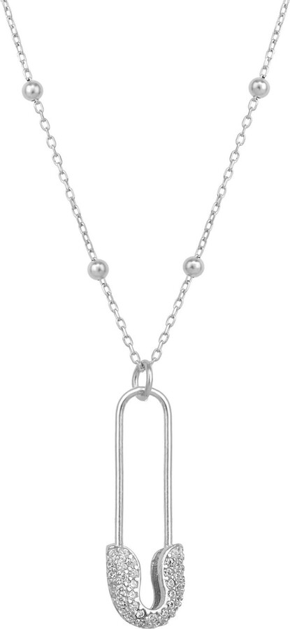 Spero London Pave Safety Pin Necklace Jewelled With Beaded Chain In Sterling Silver - Silver