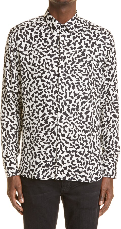 FirH Men Long Sleeve Blouse Button Analog Pocket Leopard Print Patchwork Shirt 