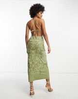 Thumbnail for your product : ASOS Tall ASOS DESIGN Tall embellished high neck midi dress with mirror beading detail in khaki