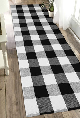 Gracie Oaks Buffalo Plaid Outdoor Rug Grey 27.5 x 43 Inches Cotton Hand-Woven Checkered Front Door Mat, Washable Gray Outdoor Rugs for Layered Door Mats Porch/Fro