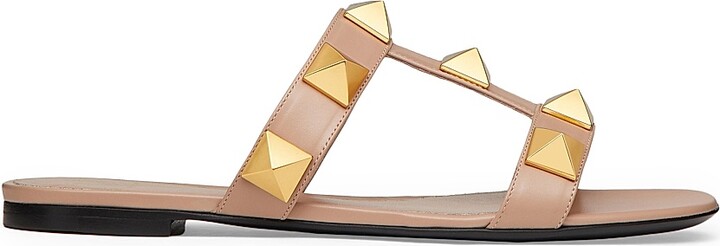 Flat Roman Stud Calfskin Slide Sandals - Rose Cannelle - Size 5