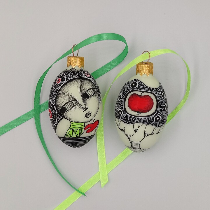 Set Of 2 Hand Painted Easter Egg Ornaments, Eve, Apple, Apple Tree