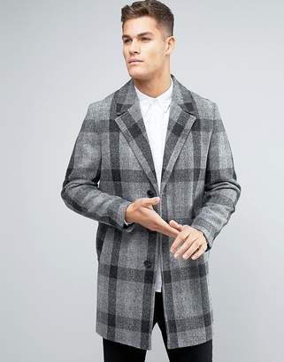 ASOS Harris Tweed Overcoat In Grey Check