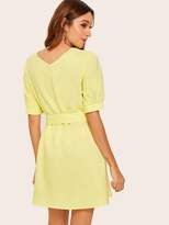 Thumbnail for your product : Shein Puff Sleeve Tunic Dress With Buckle Belt