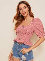 Thumbnail for your product : Shein Gingham Button Ruffle Shirred Blouse