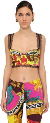 Versace PRINTED TWILL & LACE BRA TOP