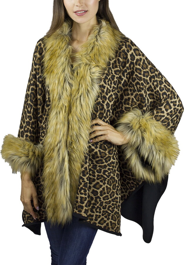 AW ITEMS Adult Women’s Leopard Print Double Face Fleece Duster with Faux Fur Trim and Cuffs