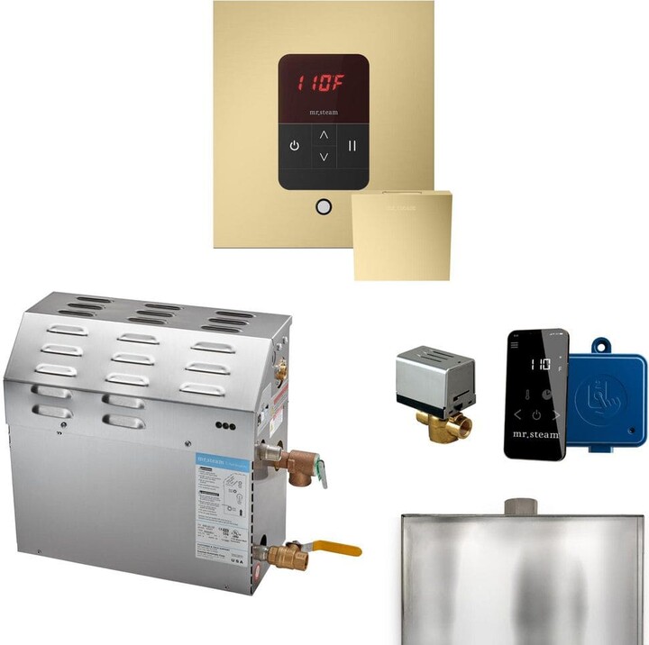 Mr. Steam MS 15 kW (15000 W) Steam Shower Generator Package with square iTempo Control in Satin Brass and Accessories