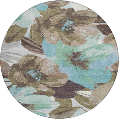 East Urban Home 8' Khaki And Taupe Round Floral Washable Indoor Outdoor Area Rug