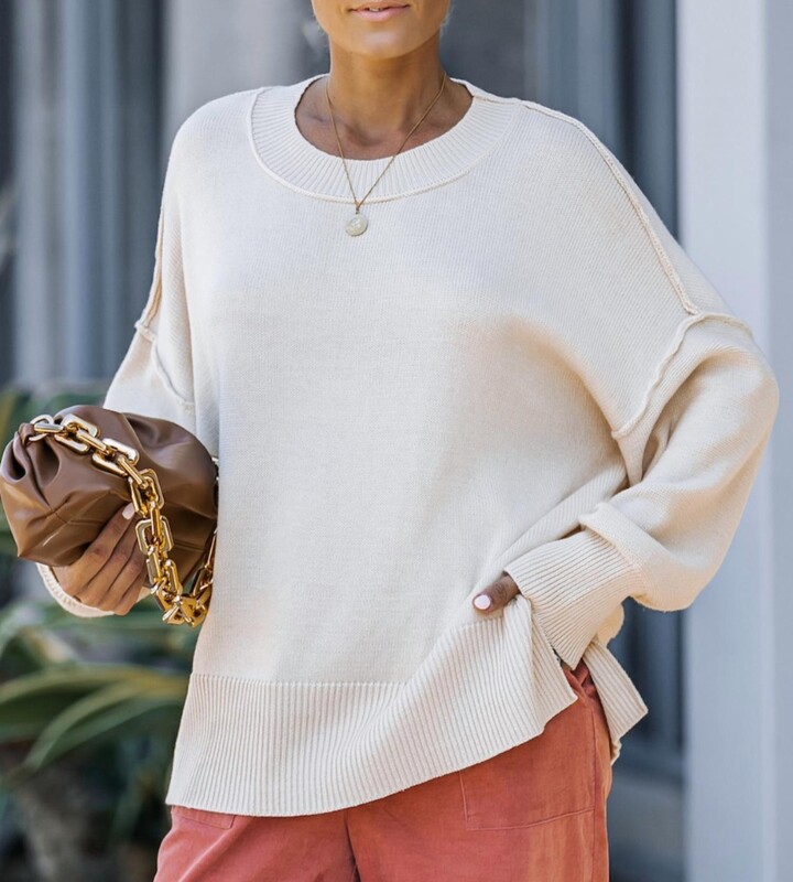 LAVENDER J Every Day Crew Neck Sweater In Cream