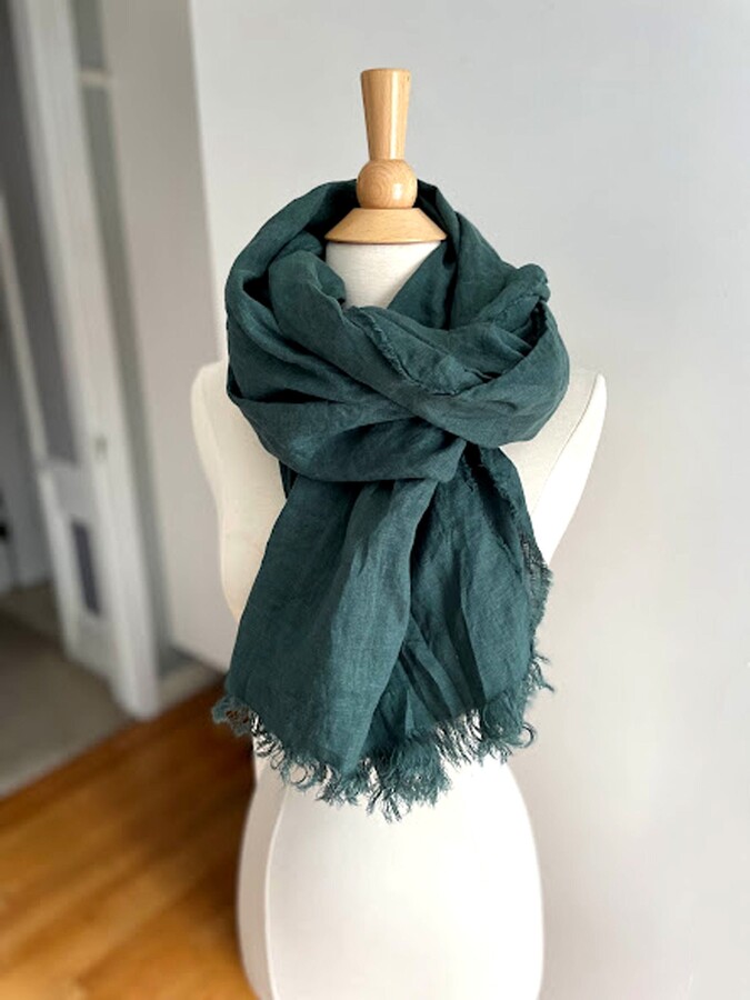 Etsy Versatile Green Linen Scarf Handmade Shawl & Neck Wrap With Fringe For Women Men Stylish Everyday Wear Accessory Okeotex Cloth