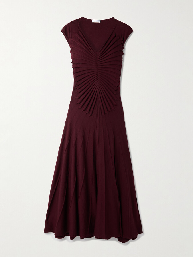 Alaia Pleated Wool Midi Dress - Burgundy