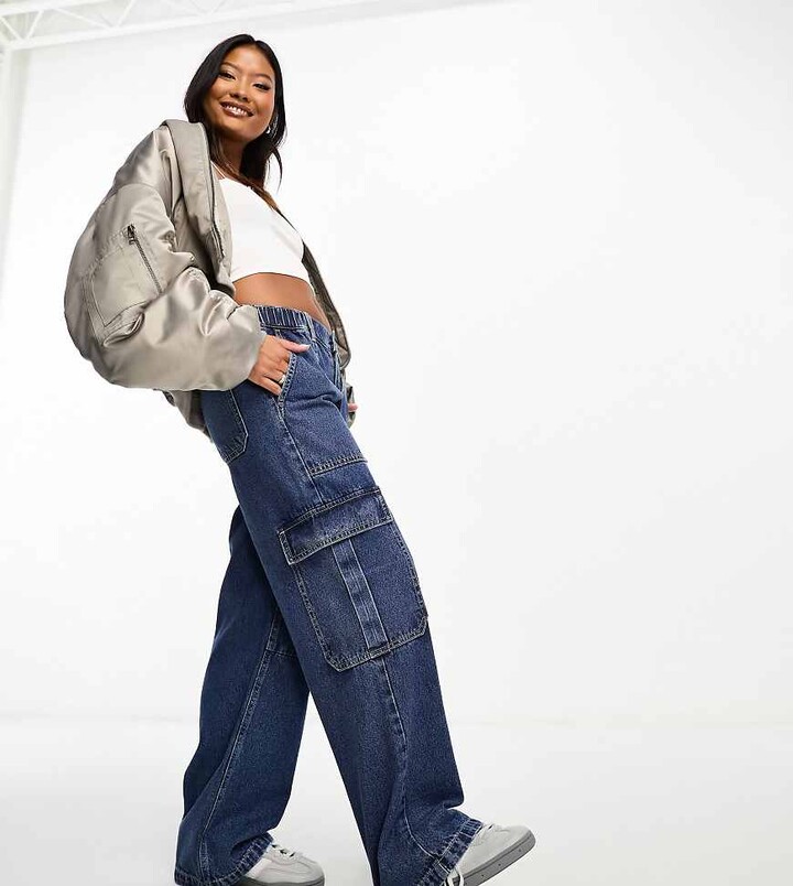 ASOS Petite ASOS DESIGN Petite cargo jean in mid blue ShopStyle