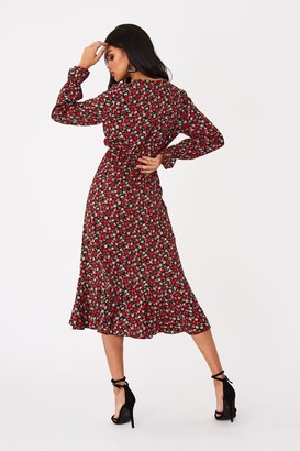 Outrageous Fortune Harmony Red Ditsy Floral-Print Frill Midi Dress