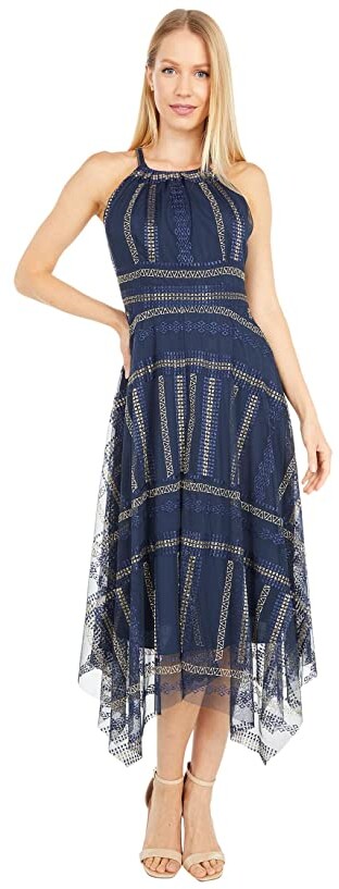 vince camuto embroidered mesh sheath dress