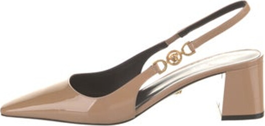 Versace Patent Leather Slingback Pumps Neutrals Medusa Insignia Square-Toes Buckle Closure at Ankles Includes Box & Dust Bag