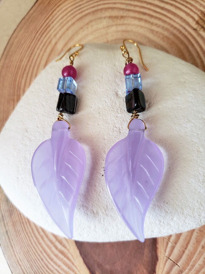 Etsy Periwinkle Chalcedony Shell Ruby Jade Long Leaf 14K Gold Filled Earrings. Chalcedony Earrings Dangles. Leaf Danglers