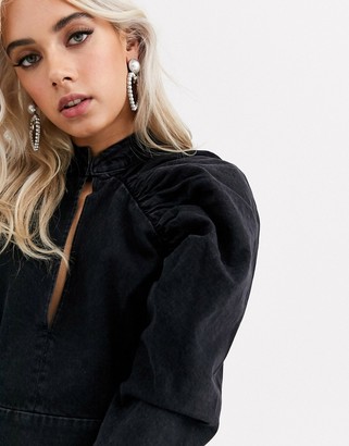 ASOS DESIGN Petite denim mini dress with puff sleeve in washed black