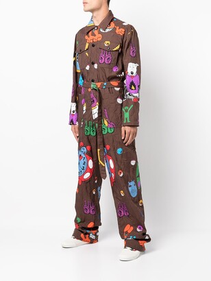 Womens Clothing Jumpsuits and rompers Full-length jumpsuits and rompers Walter Van Beirendonck Cotton Crinkled Cartoon-print Jumpsuit in Brown 