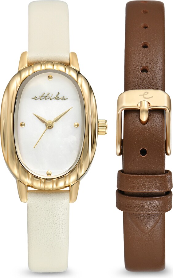 Ettika Oval Mother of Pearl Watch & Leather Strap Set